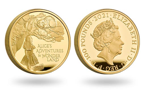 Алиса в стране чудес на золотой монете Великобритании