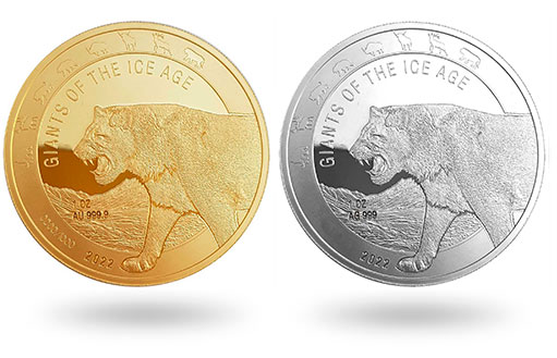 пещерный лев на золотых и серебряных монетах