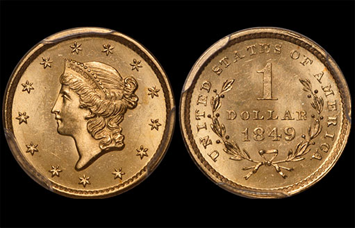 Золотой доллар 1849 PCGS MS-65 CAC