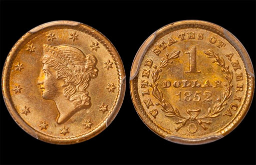 Золотой доллар 1852-O PCGS MS-64 CAC