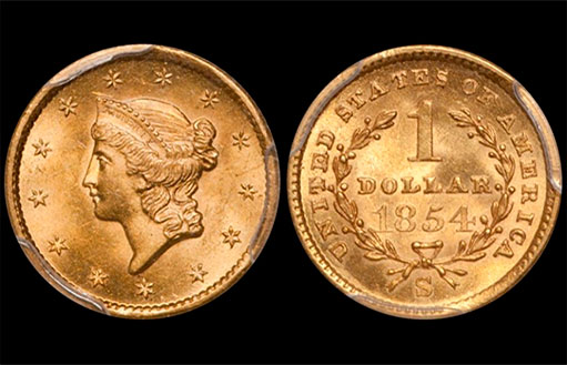 Золотой доллар 1854-S PCGS MS-64 CAC
