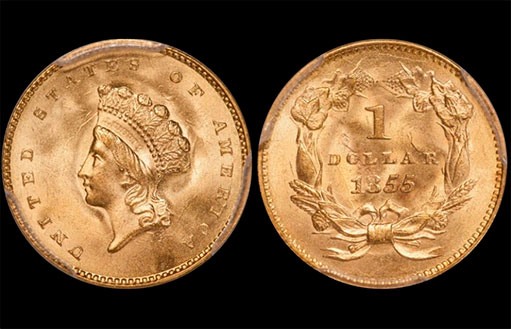Золотой доллар 1855 PCGS MS-65 CAC