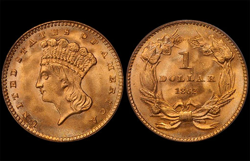 Золотой доллар 1862 PCGS MS-66 CAC