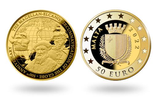 Золотые монеты Мальты в честь пятисотлетия первого кругосветного плавания