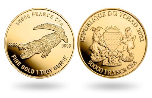 Крокодил на золотых монетах Чада