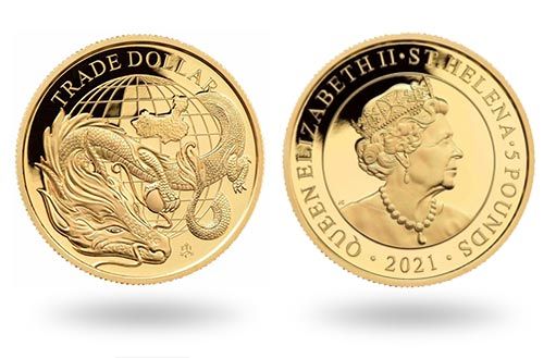 золотая монета с торговым долларом острова Святой Елены