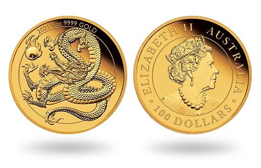 Дракон и жемчужина на коллекционной золотой монете Австралии