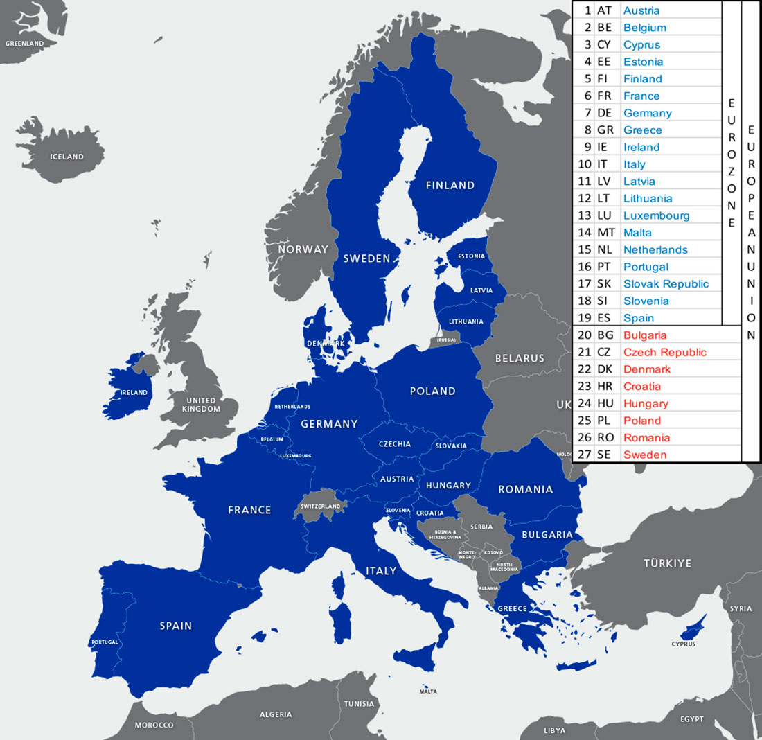 Страны, входящие в еврозону и Европейский Союз