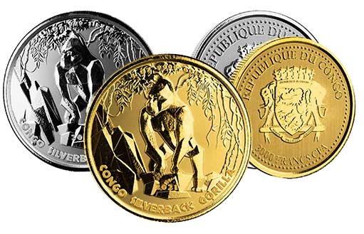 серебряные и золотые монеты Конго с Гориллой