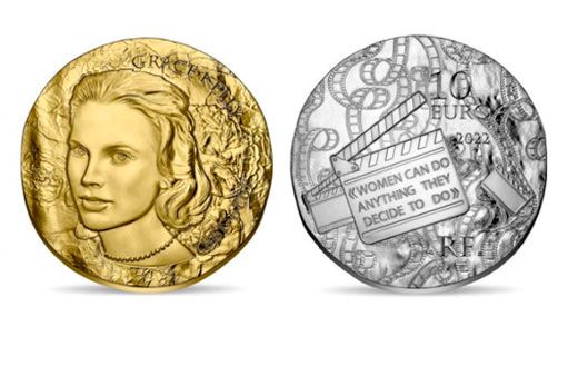 Грейс Келли на золотых и серебряных монетах Франции