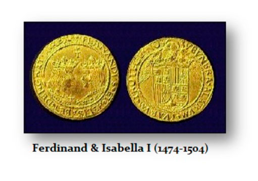 Золотые монеты с Фердинандом и Изабеллой I