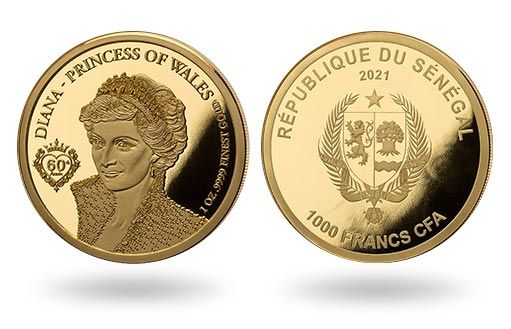 По заказу Сенегала отчеканили памятные монеты из золота в честь годовщины со дня рождения принцессы Дианы.
