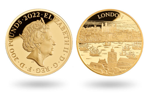 Золотые монеты Великобритании с видом на Лондон