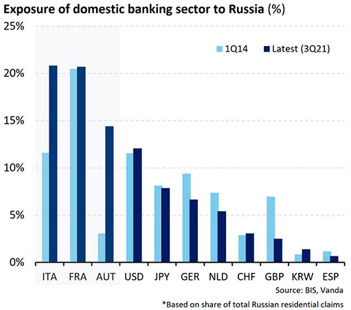 Доли внутренних банков различных стран в российском долге