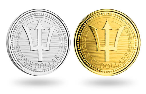 Барбадосский трезубец на золотых и серебряных монетах