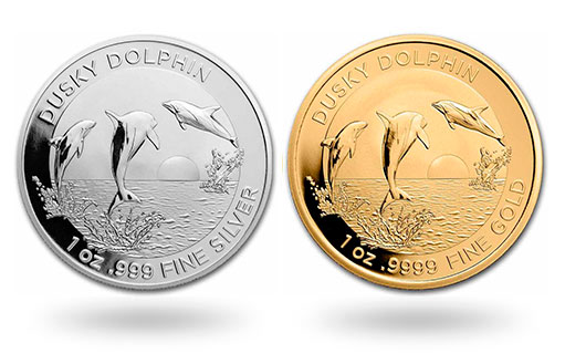 Темный дельфин на золотых и серебряных монетах Австралии