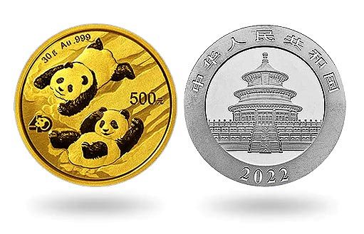Панда на золотых и серебряных монетах Китая