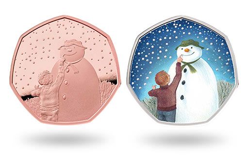 Снеговик на золотых и серебряных монетах Британии