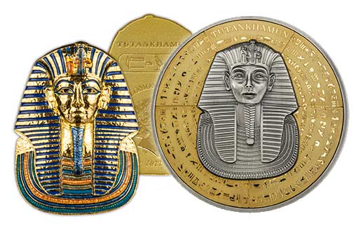Маска Тутанхамона на золотых и серебряных монетах Джибути и Соломоновых остовов