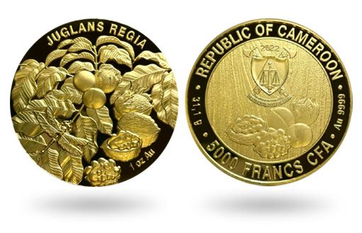 Золотые монеты Камеруна с грецким орехом