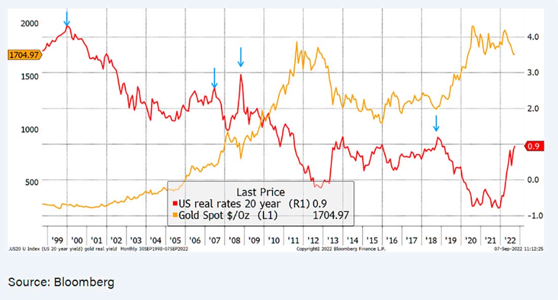 цена золота и 20-летняя реальная ставка США