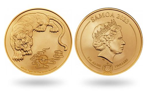 Белый тигр на золотых монетах Самоа