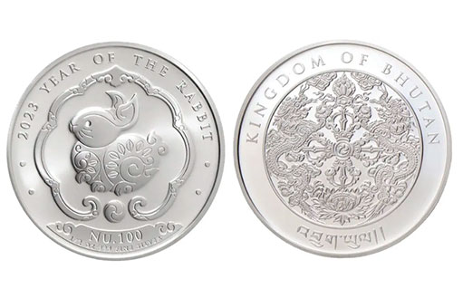 Кролик на серебряных монетах Бутана