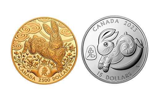 Кролик на серебряных и золотых монетах Канады