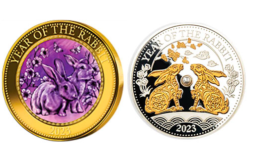 Кролик на серебряных и золотых монетах Островов Кука и Фиджи