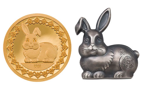 Кролик на серебряных и золотых монетах Монголии