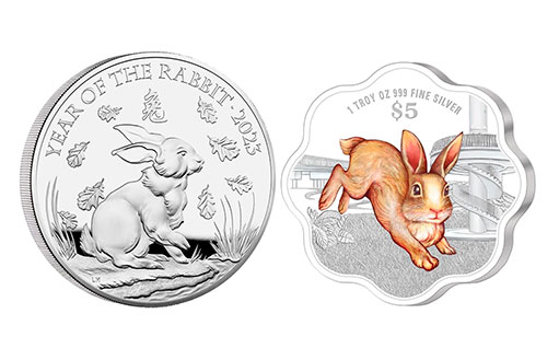 Кролик на серебряных монетах Великобритании и Сингапура
