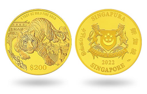 Сингапурская золотая монета с тигром