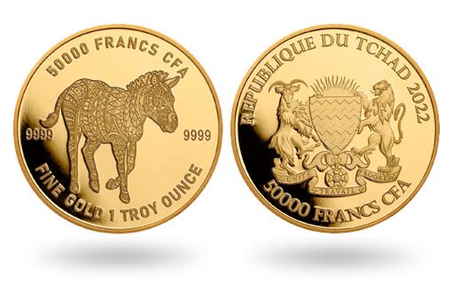 Зебра на золотых инвестиционных монетах Республики Чад