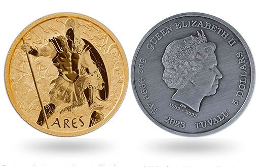 Греческий бог войны на золотых монетах Тувалу