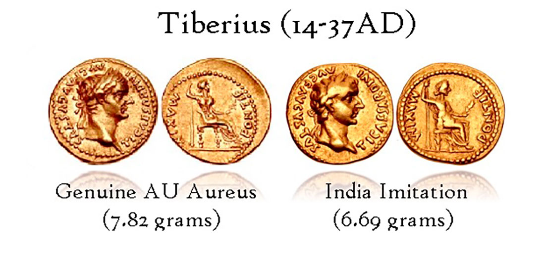 Золотой ауреус Тиберия и его индийская имитация