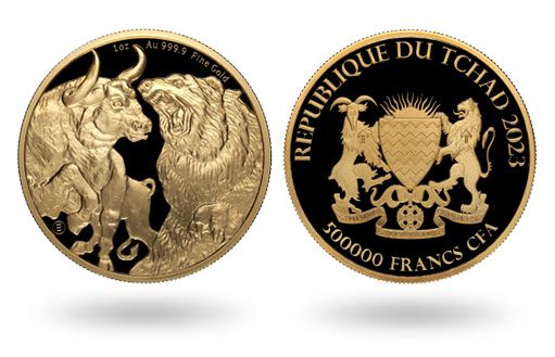 Золотые монеты Чада с быком и медведем