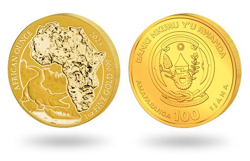 Крокодил на золотых монетах Руанды