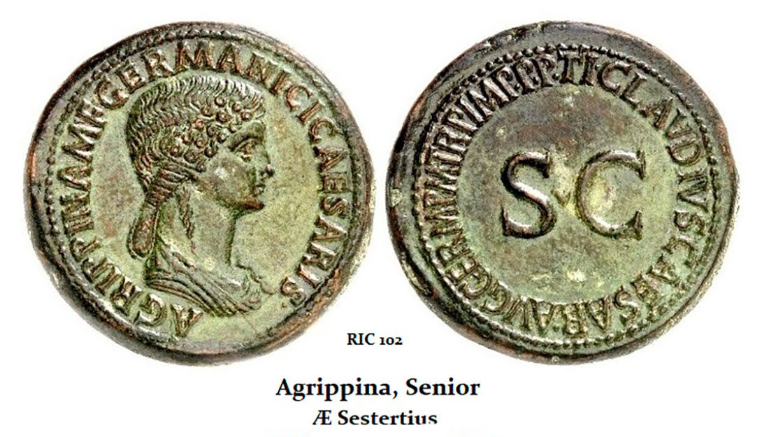 Сестерций с портретом Агриппины-старшей