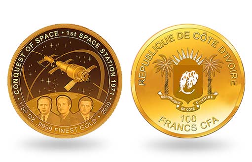 золотые монеты Республики Кот-д’Ивуар в честь космической станции «Салют-1»