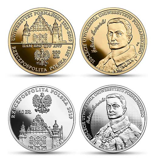 Памятные монеты из серебра и золота, посвященные 100-летнему юбилею открытия Познанского Университета имени Адама Мицкевича.