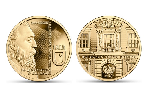 Памятная монета из золота, посвященная 200-летнему юбилею краковской художественной академии имени Яна Матейко