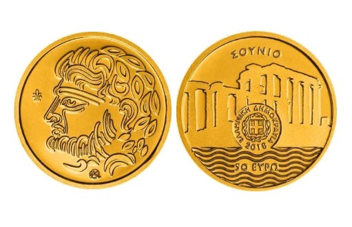 золотые монеты с Храмом Посейдона