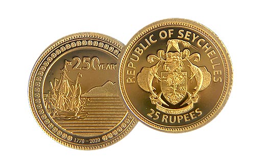 парусник на золотой монете Сейшел в память о первых поселенцах