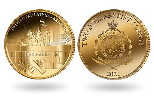 Золотые монеты Ниуэ в честь тридцатилетия рижских баррикад