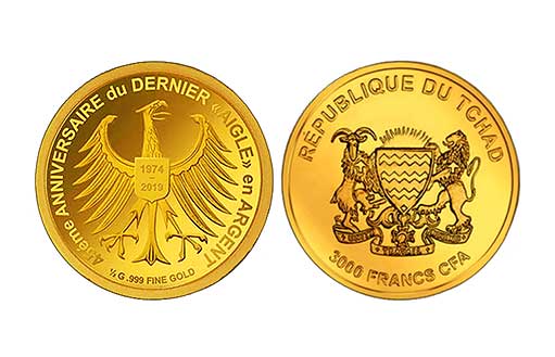Памятная золотая монета «45 лет серебряному орлу», Республика Чад