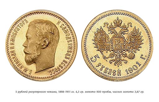 5 рублей 1901 года из золота
