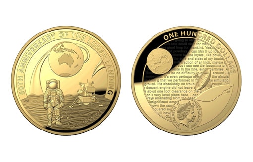 Золотая монета по эмитенту Австралии к 50-ой годовщине первой посадки человека на Луне. 