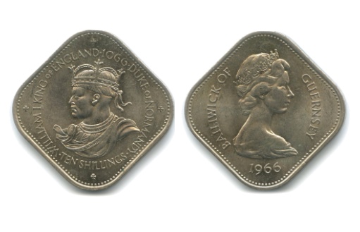 Квадратные монеты  Гернси номиналом 10 шиллингов
