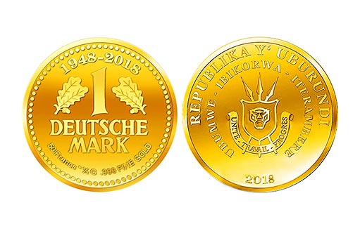 70-летие немецкой марки на золотых монетах Бурунди