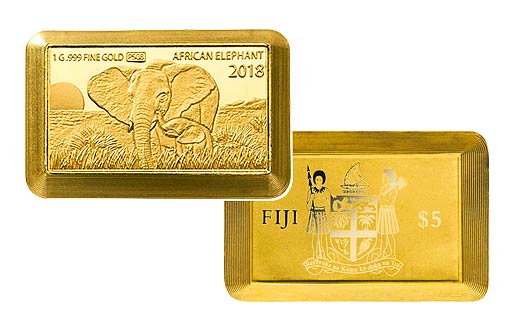 Пять золотых монет Фиджи со слонам в наборе